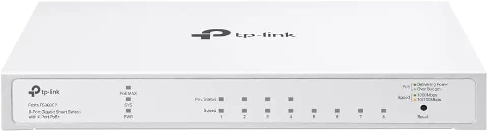 TP-Link Festa Festa FS308GP 8-Port Gigabit Switch, 4× Gigabit 802.3af/at PoE+ Ports, 62W Gesamt-PoE-Budget, bis zu 30 W PoE-Leistung pro Port, Kostenlose Cloud-Verwaltung, Für Unternehmen