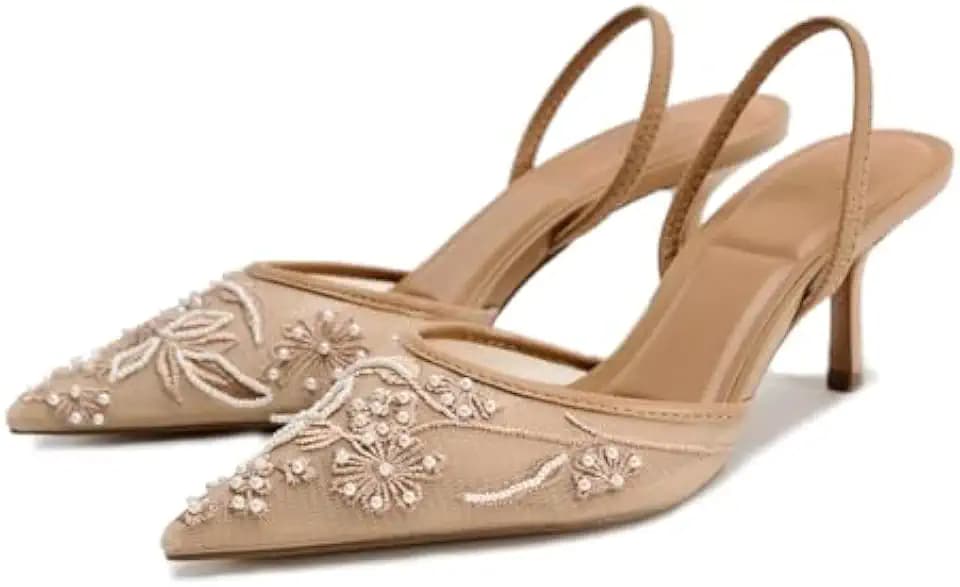 Lymphvity Women's Mesh Embroidered Slingback Heels with Bead Elegant Backless Kitten Heels Pointed Toe Wedding Bridal Dress Pumps Shoes