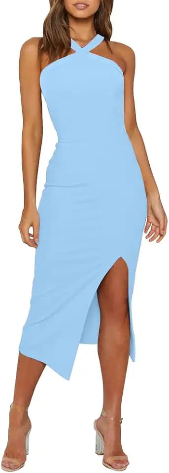 OWIN Women 2026 Sexy Halter Cocktail Wedding Guest Dresses High Waist Bodycon Side Split Formal Party Midi Dress