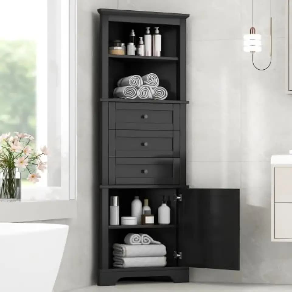 Bellemave Bathroom Corner Cabinet with 3 Drawers and Adjustable Shelves, Freestanding Floor Tall Corner Cabinet for Bathroom, Living Room (Black)