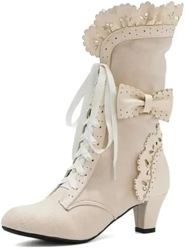 Women Victorian Boots Chunky Heels Lace up Cute Bow Knot Cosplay Costumes Witch Medieval Renaissance Mid-Calf Goth Boots Vintage Gothic Character Dance Kawaii Lolita Shoes