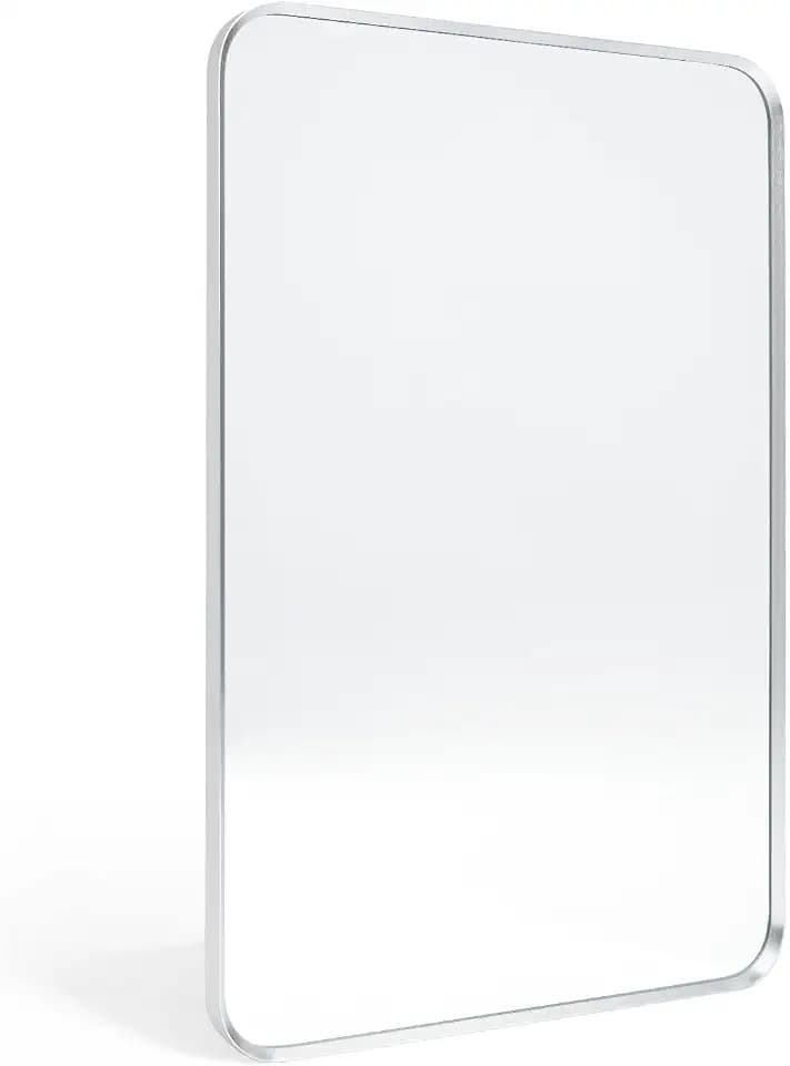 Silver Bathroom Mirror 24x36in, Metal Framed Rounded Rectangle