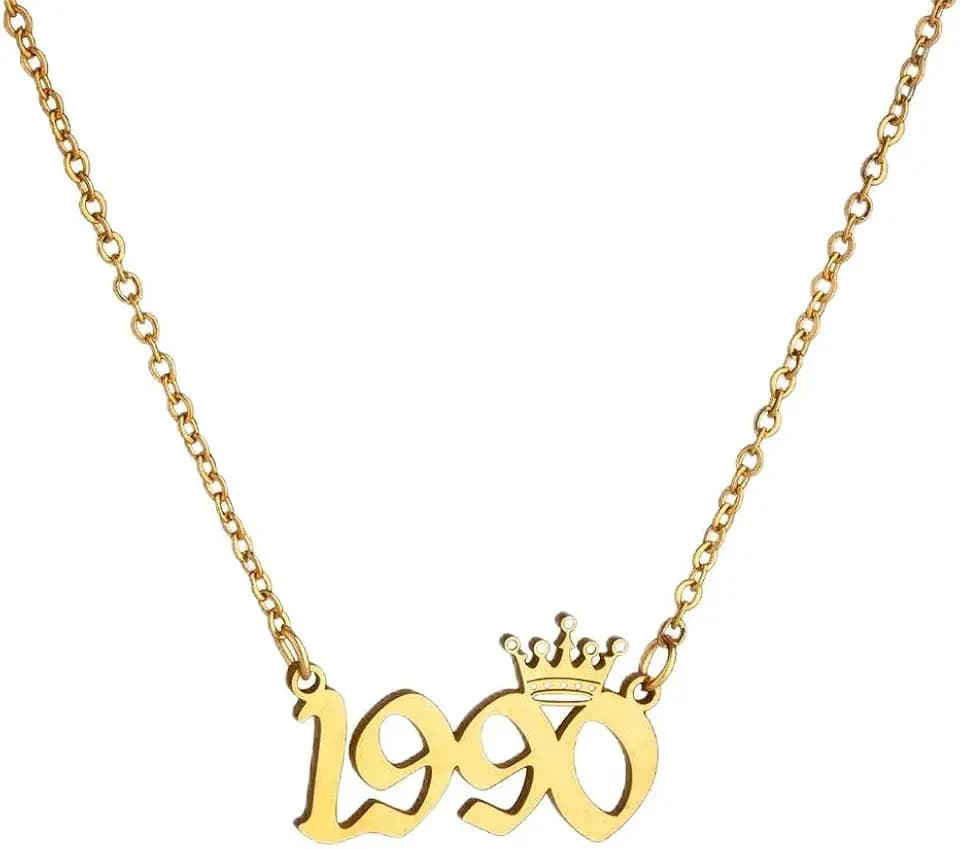 Birth Year Number with Crown Necklace,Old English, Memorable Anniversary Jewelry for Women Girls, Personalized Birthday Jewelry 18K Real Gold Stainless Steel Pendant