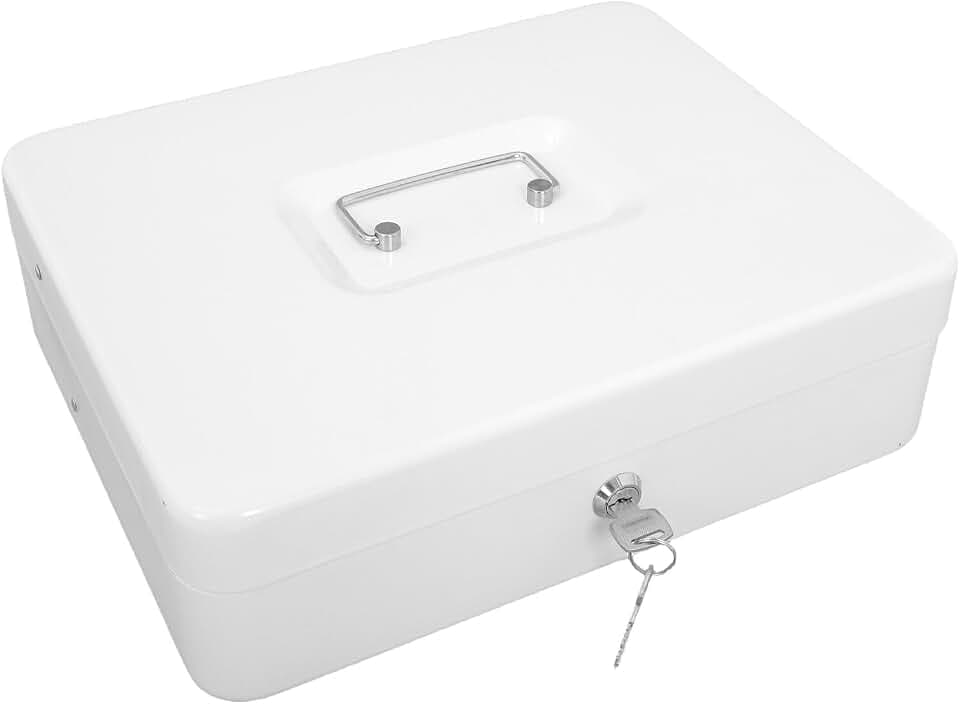 Locking Cash Box with Key – Small Metal Money Holder Cash Tray, Secure Money Storage Box for Business, Restaurant, and Retail Use, White