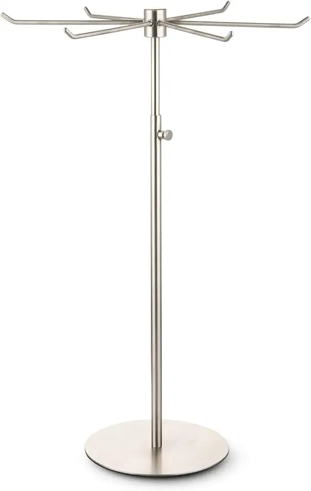 Rotating Keychain Display Stand - Height-adjustable Brushed Silver Metal Jewelry Organizer - Long Necklace Display Stand with 6 Hook - Scratch-resistant Display Racks for Craft Shows