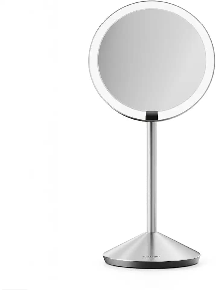 simplehuman Sensor Mirror Fold, 5'' with 5X Magnification, Round Rechargeable Travel Makeup Mirror, Tru-Lux® Full-Spectrum Light, Adjustable Brightness & Height, Brushed Stainless Steel