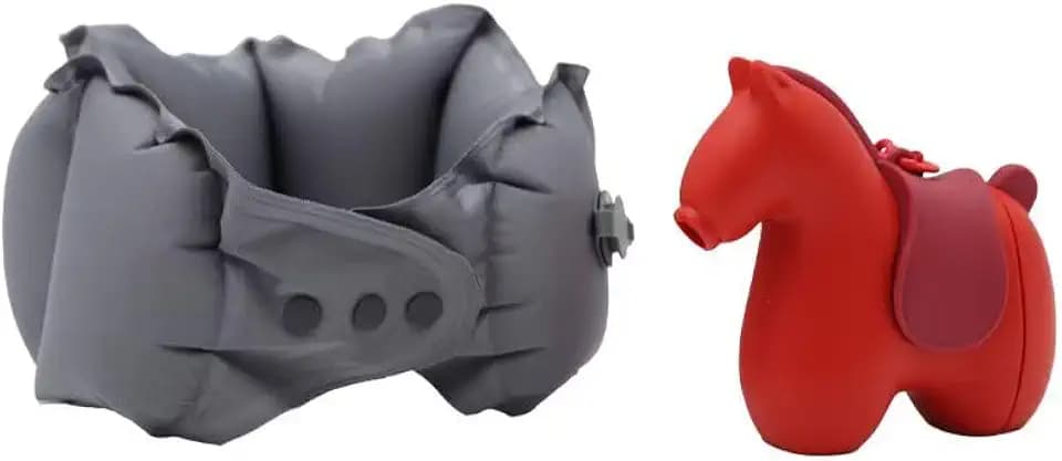 Foldable Inflatable Travel Pillow with Cute Pony Storage Case, Portable Neck Pillow for Airplane, Train & Napping, Hygienic & Skin-Friendly Fabric (Red)