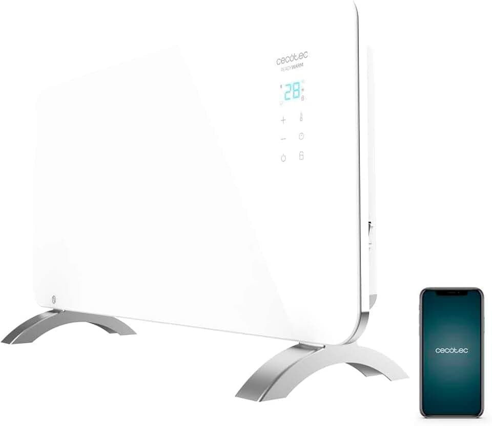 Cecotec Heizkonvektor mit Glasplatte Ready Warm 6700 Crystal Connection. 1500 W, WiFi-Steuerung, einstellbares Thermostat, Timer, Bodenständer, Geeignet für Badezimmer (IP24), Lautlos