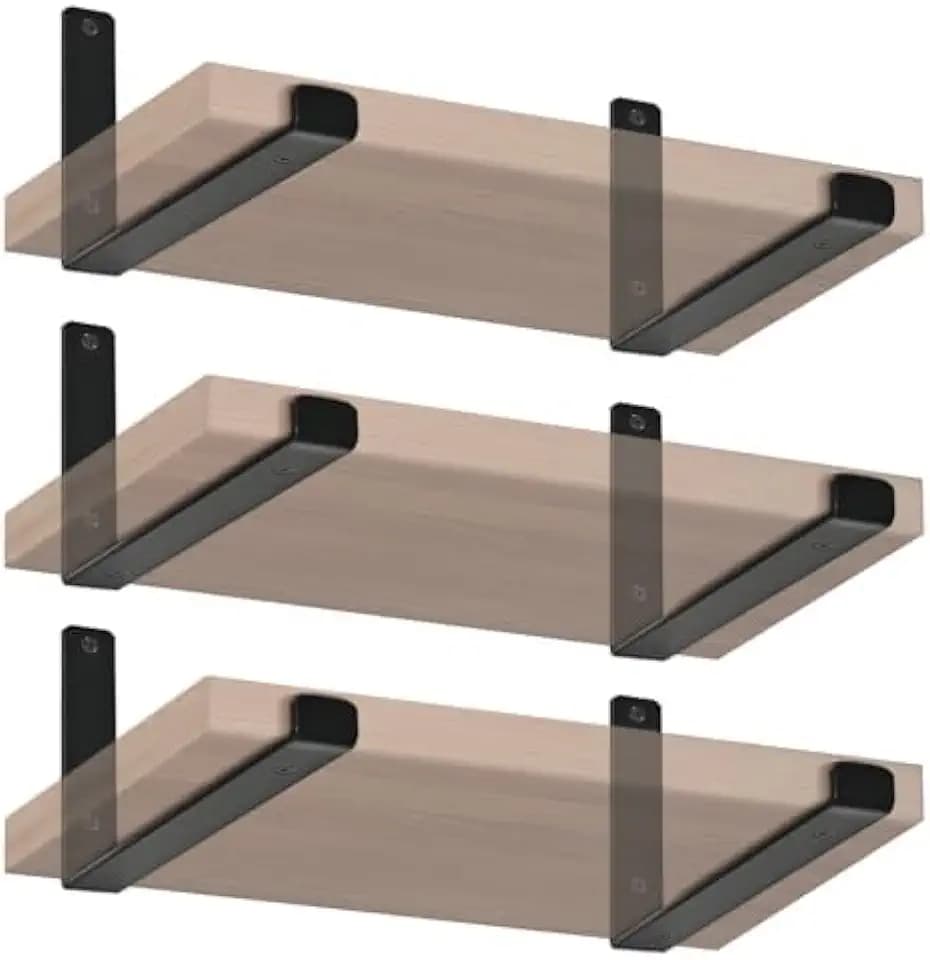6 Pack - 9.25" L x 6" H x 1.5" W J Lip Shelf Brackets Rustic Farmhouse Iron Wall Floating Shelf Bracket Metal Shelf Bracket Industrial Shelf Supports with Screws Black