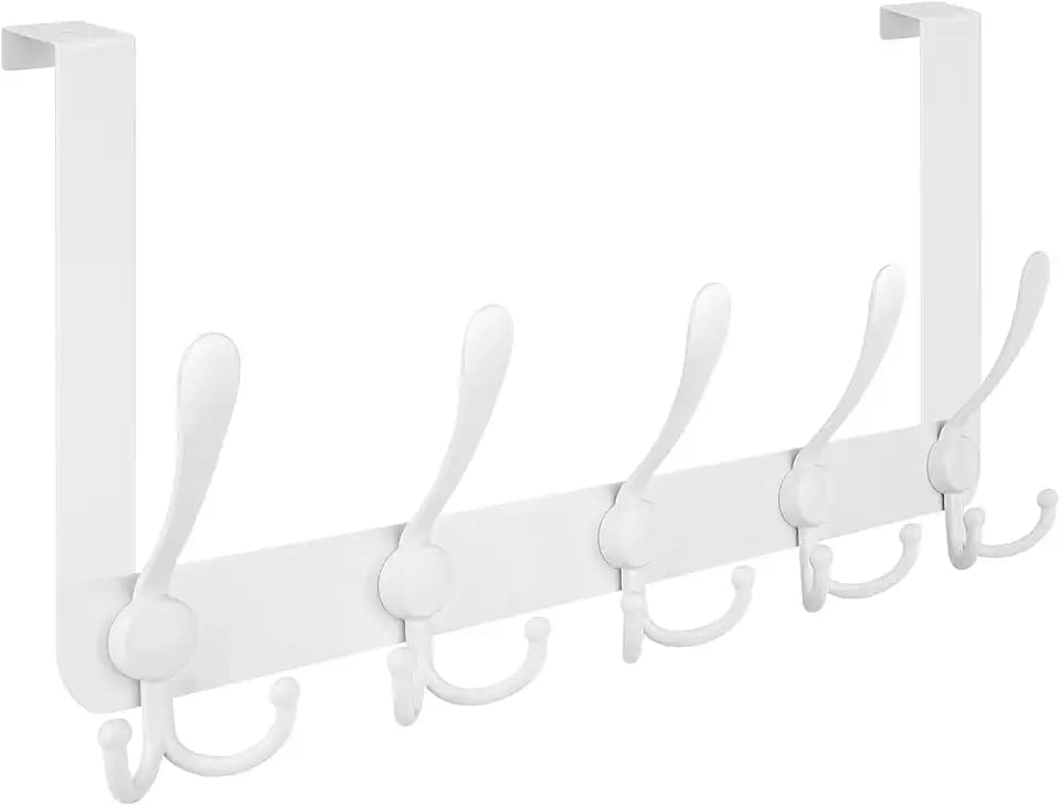TICONN Over The Door Hooks, 5 Heavy Duty Tri Coat Rack All Metal Coat Hanger for Bathroom Bedroom Dorm (White, 1PK, Fit 1-3/4" Doors)