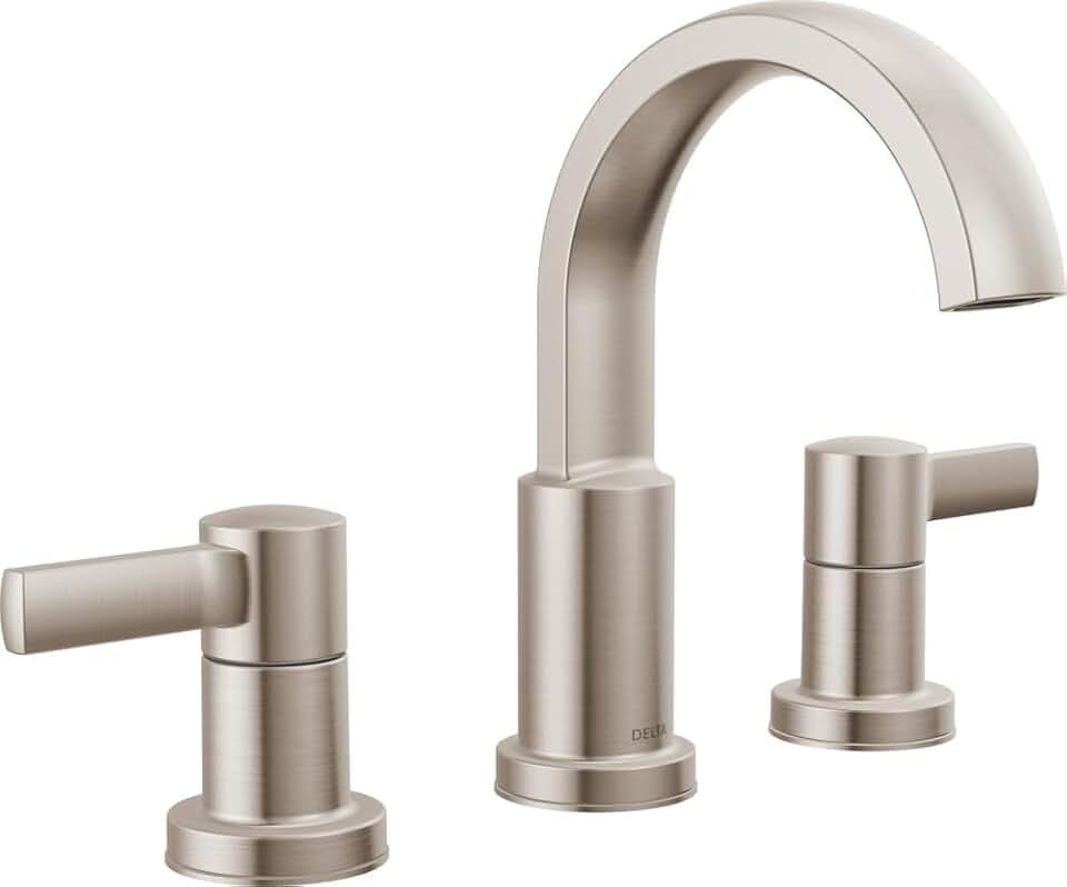 Delta Albion Brushed Nickel Bathroom Faucet 3 Hole, 8 Inch Widespread Bathroom Sink Faucet for Vanity, Metal Push-Pop Drain Assembly, SpotShield Brushed Nickel 35855LF-SP