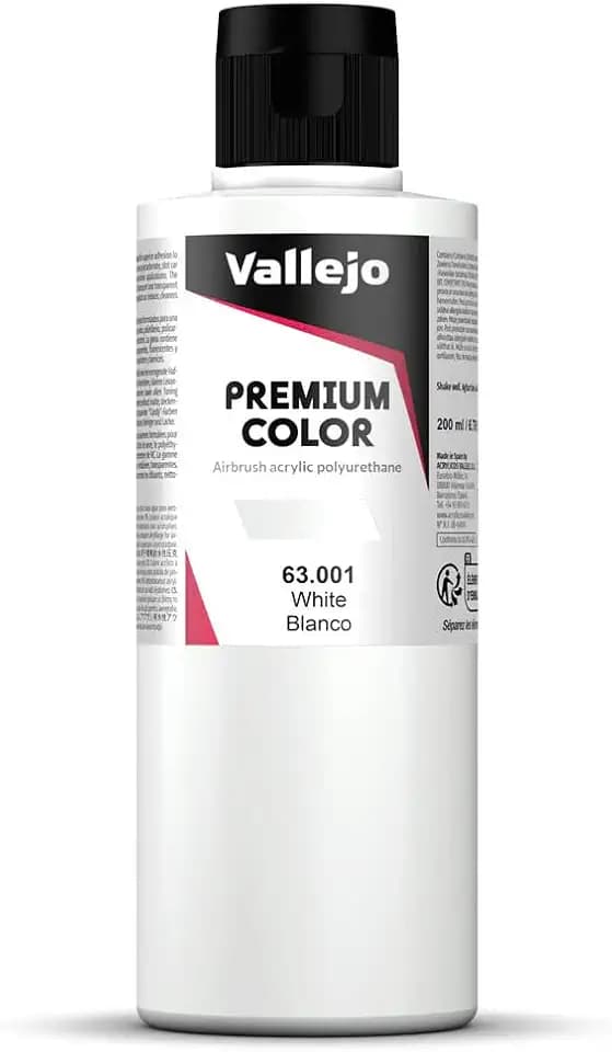 Vallejo - Premium Color White 6.76 Fl.Oz. (200 ml) Matte Finish for Airbrushing, Acrylic-Polyurethane Hybrid Resin of Great Resistance Paint, RC, Model and Hobby Use
