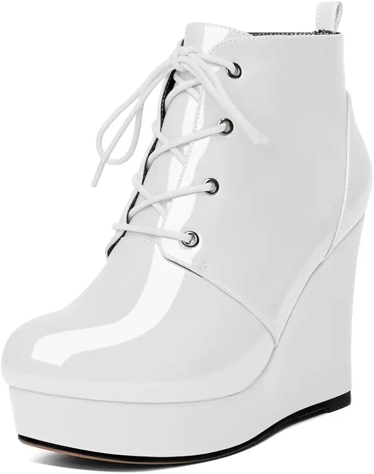 Women's Wedge Ankle Boots Round Toe Lace up Short Boots High Heels for Party Prom 10 CM Wedding Dress Shoes Patent White US Size 7.5