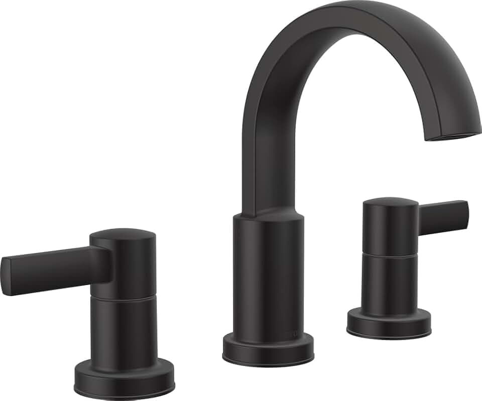 Delta Albion Matte Black Bathroom Faucet 3 Hole, 8 Inch Widespread Bathroom Sink Faucet for Vanity, Metal Push-Pop Drain Assembly, Matte Black 35855LF-BL