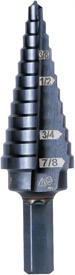 Klein Tools KTSB14 Step Drill Bit #14 Double-Fluted, 3/16 to 7/8-Inch with Easy-to-Read Step Markings and Targets, 3/8-Inch Hex Shank