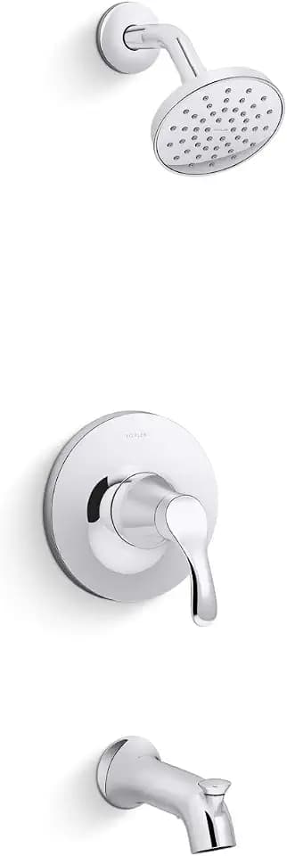 KOHLER TS27391-4G-CP Simplice Rite-Temp Bath and Shower Trim Set with Single-Function Showerhead 1.75 GPM, Diverter Bath Spout, Wall-Mount Shower Head and Bath Faucet, Polished Chrome