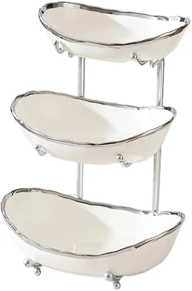 jessie 3 Tier Fruit Bowls for Kitchen Counter,Ceramic Large Fruit Basket Stand,Metal Fruit Serving Tray Snacks Nuts Cake Storage Holder (Silver 1)