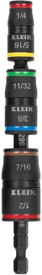 Klein Tools 32907 Impact Driver, 7-in-1 SAE Impact Socket Set, Flip Socket Set with 1/4, 5/16, 11/32, 3/8, 7/16 and 1/2-Inch Nut Driver Sizes and 1/4-Inch Bit Holder, 5-Inch Shaft