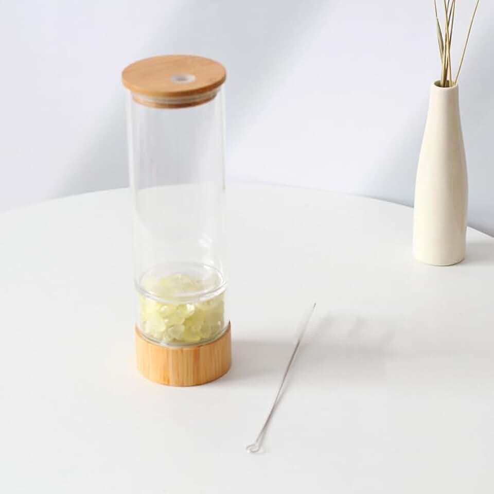High-Capacity Borosilicate Glass Water Bottle with Bamboo Lid, Infused with Gemstone Crystal Power (Citrine Crushed Stone)