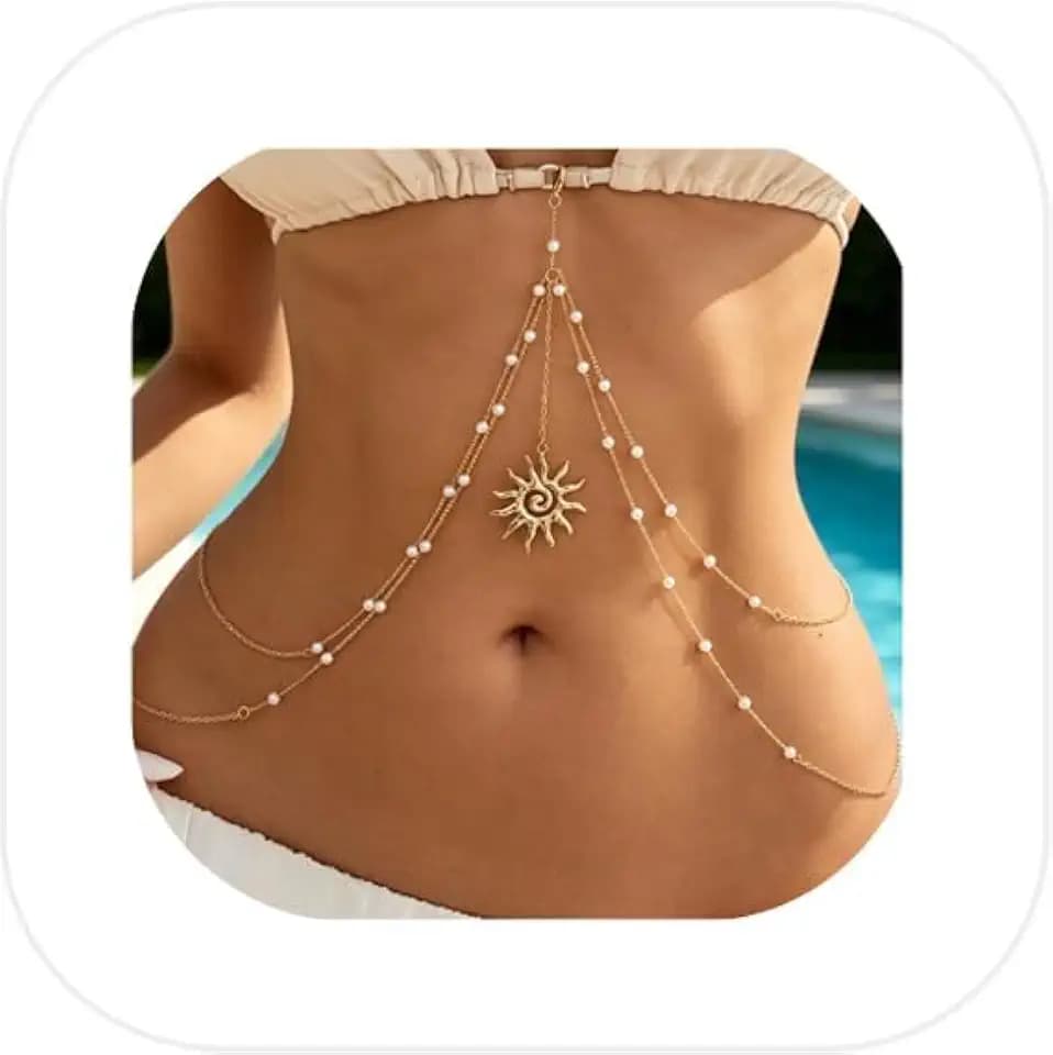 Gold Bead Bikini Chest Chain Charms for Women, Adjustable Layered Waist Body Chain with Sunflower Pendant, Summer Bead Bikini Swimsuit Decoration Accessories for Swimwear