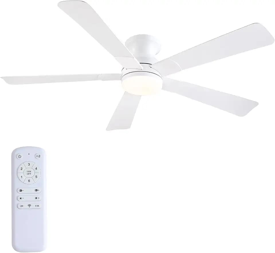 52 inch Ceiling Fans with Lights, White Flush Mount Ceiling Fan with Remote, 3CCT, LED Dimmable, Reversible, 6 Fan Speeds, Quite Low Profile Ceiling Fan with Lights Modern Bedroom Kitchen Indoor