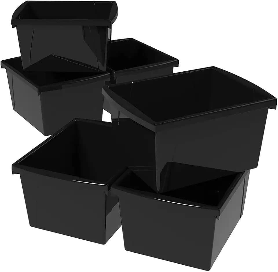 Storex 4 Gallon Storage Bin – Plastic Classroom Organizer for Books and Supplies, Black, 6-Pack (61466C06C)