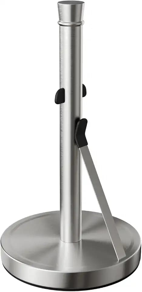 Stainless Steel Paper Towel Holder for Kitchen Countertop - Heavy Duty Weighted Non-Slip Base - One Hand Tear with Tension Spring Arm