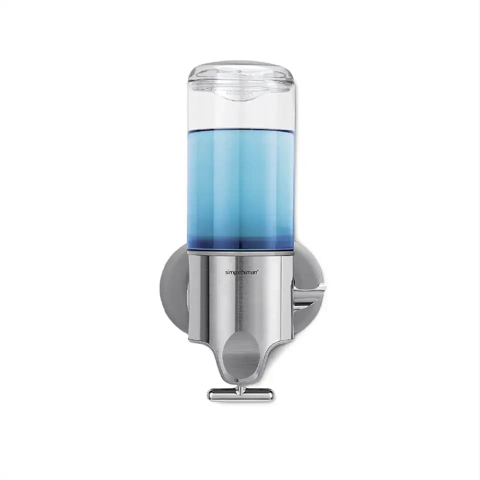 simplehuman Single Wall Mount Pump, Hotel-Grade Refillable Shower Soap Dispenser, Ergonomic T-Bar Lever, No-Drill Adhesive Install, for Bathrooms, Hotels, and Airbnbs, Stainless Steel