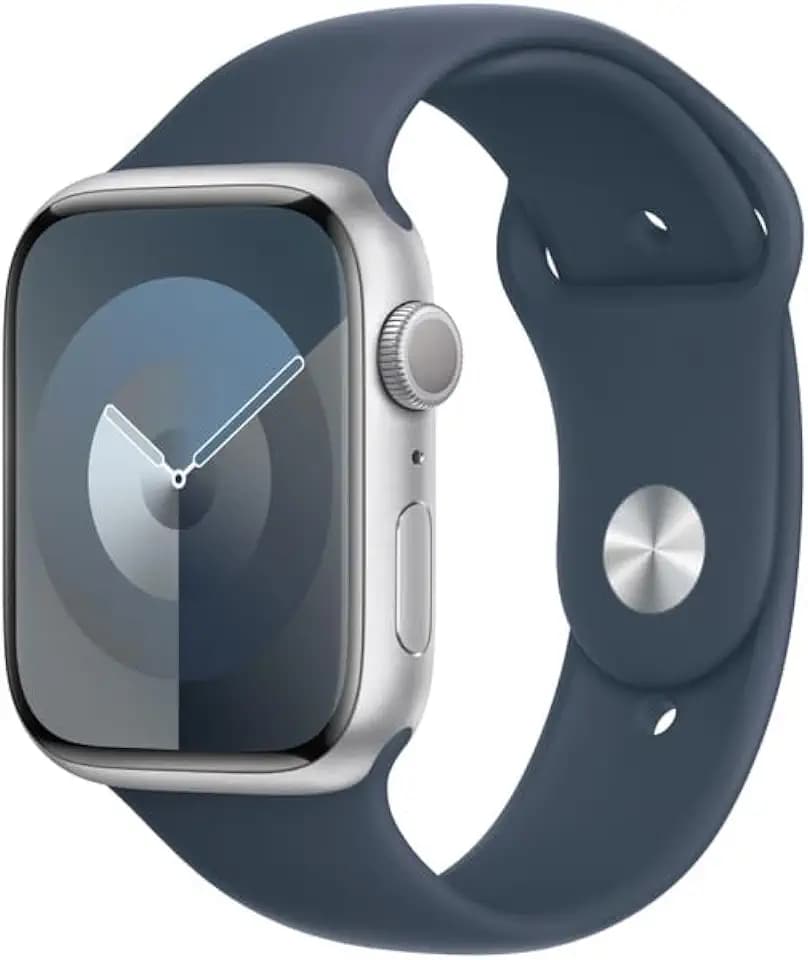 Apple Watch Series 9 Smartwatch GPS 45 mm, mit silbernem Aluminiumgehäuse und Sturm-Sportgürtel (Storm Blue), S/M. Fitness-Tracker, OPowerstrip Levels, Retina Display immer inklusive,