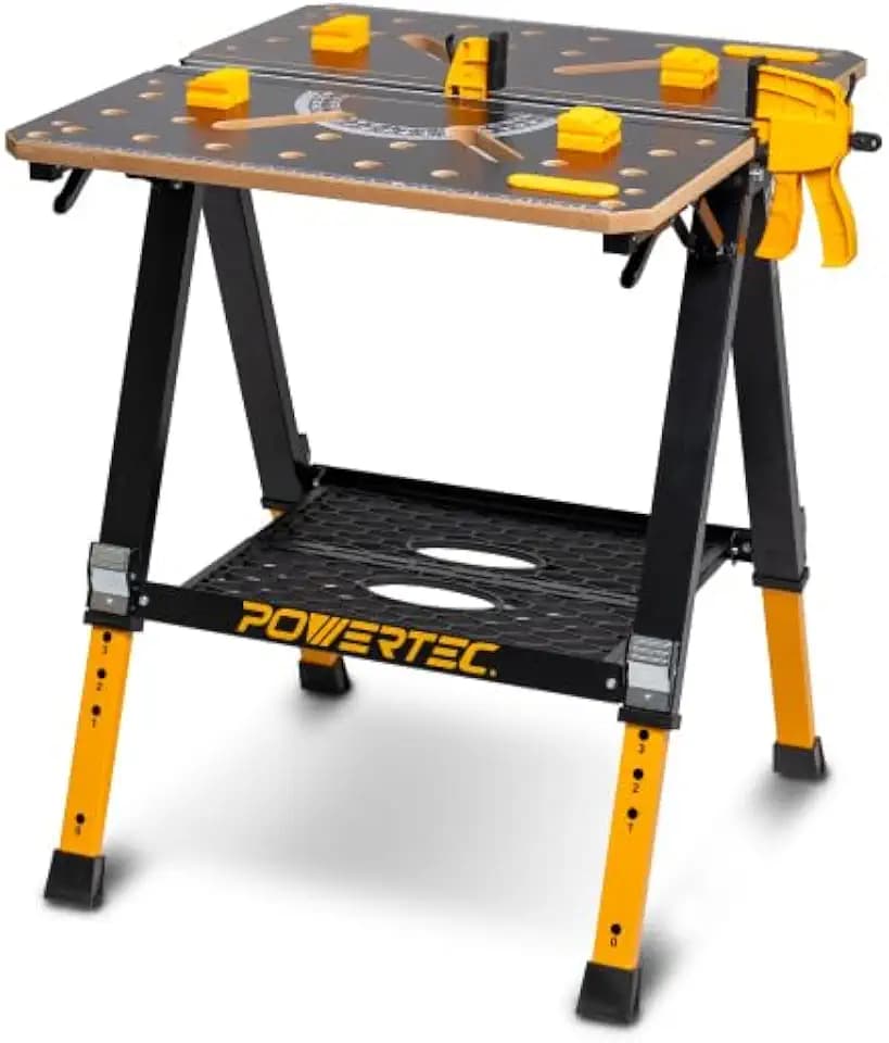 POWERTEC 2-in-1 Folding Work Table & Sawhorse – 1000 lb Capacity Portable Workbench with 8-Level Height Adjustment, Clamps, Bench Dogs & Expandable Support Platform (UT1015)