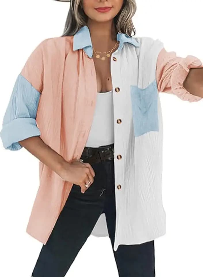 Womens Button Down Shirts Long Sleeve Cotton Gauze Tops Casual Collared Blouses Loose Fit with Pocket