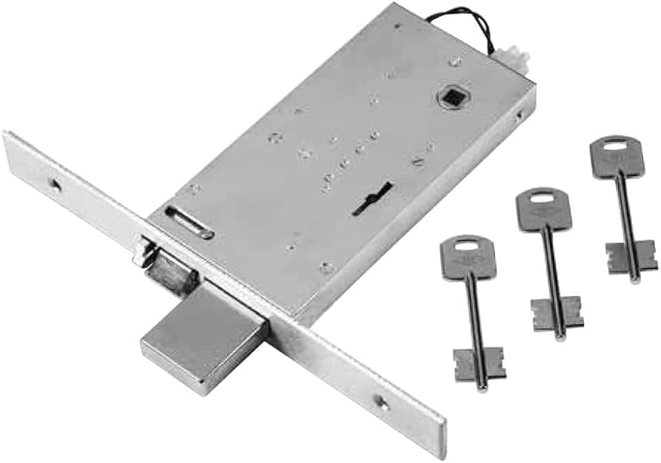 Schloss elektrische Doppel Karte für Türen aus Aluminium. Finish aus Edelstahl. Mit Riegel a 4 Umdrehungen und Falle. Ösen für das einfache Montage der Stangen internen/externen. Achsabstand 66 mm. copriforontale in Edelstahl, Reversible. alimentazi