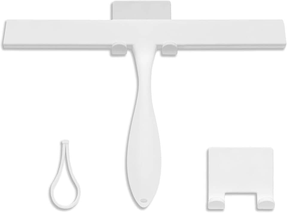 Never Rust Silicone Shower Squeegee for Glass Doors with Hook, Bathroom Cleaner Tool, Household Window and Mirror Squeegee, Ergonomic Thick Handle Squeegee for Shower Glass, 11-Inch (White)