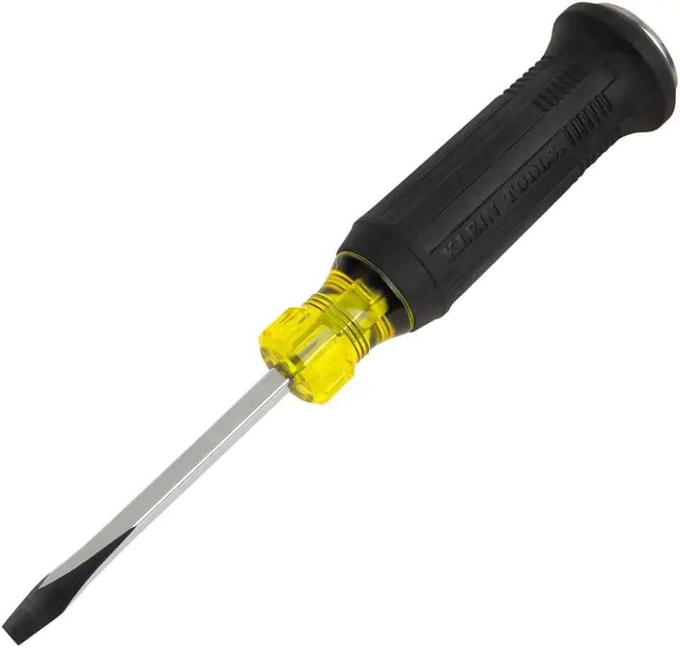 Klein Tools 6004DD 1/4-Inch Keystone Demolition Screwdriver, Steel Tip-to-Cap Construction Demo Screwdriver, Cushion-Grip Handle, Oversized Strike Cap, Square Shank with Wrench Assist