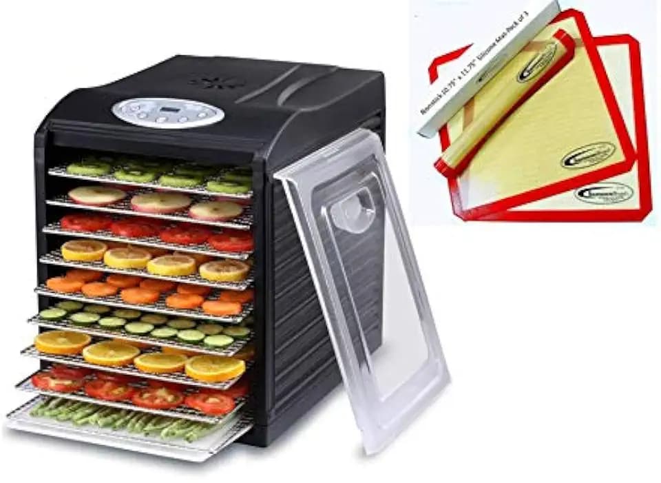 Samson "Silent" 9 Stainless Steel Tray Dehydrator with Digital Timer and Temperature Control for Fruit, Vegetables, Beef Jerky, Herbs, Dog Treats, Fruit Leathers and More PLUS 9 Samson Silicone Sheets