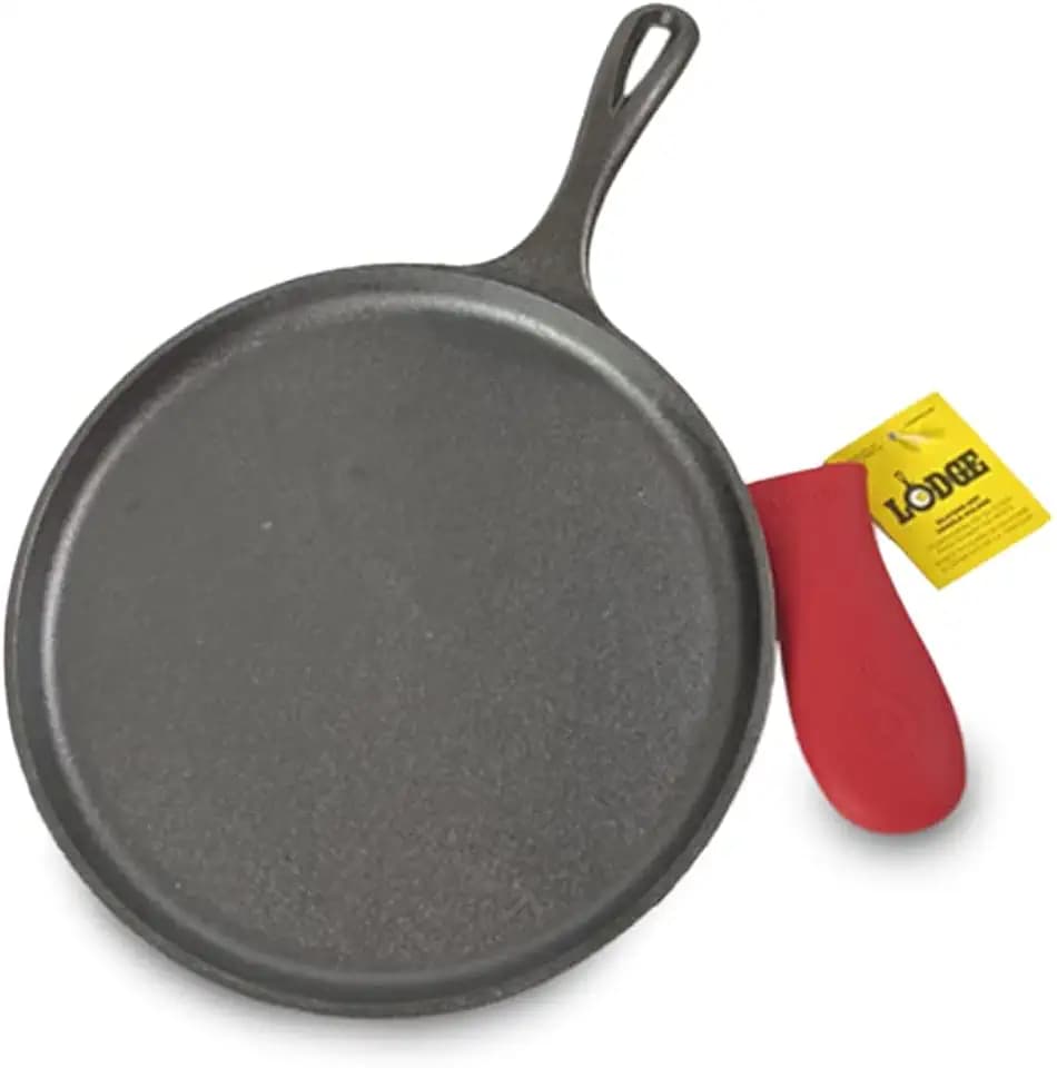 Lodge Pre-Seasoned Cast Iron Griddle with Red Handle Holder, 10.5 Inches