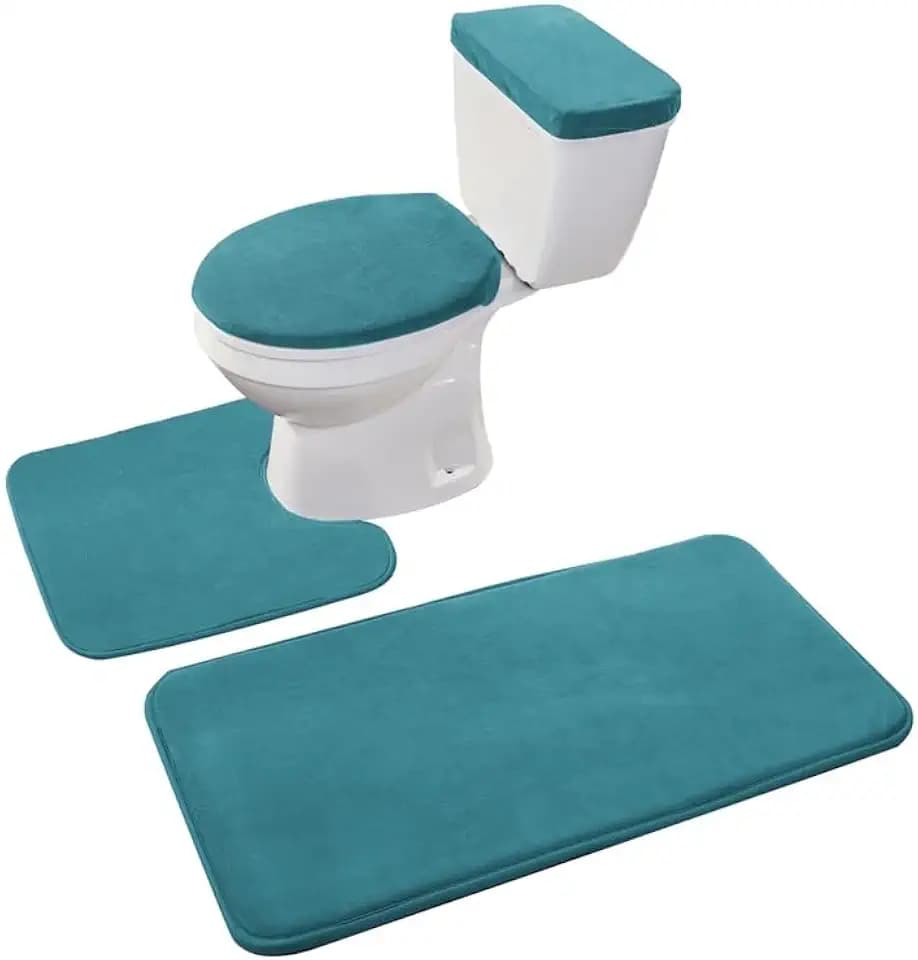 Madeals Bath Rug Set 4 Piece with Toilet Lid Cover and Tank Cover Teal Blue