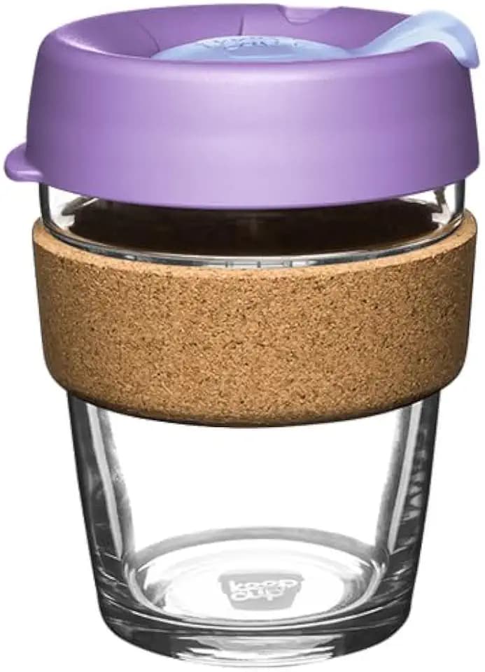 KeepCup Brew Cork Reusable Coffee Cup, 12 oz Glass Tumbler with Cork Band and Splashproof Lid, Dishwasher Safe, Moonlight