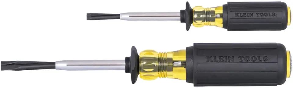 Klein Tools 85153K Slotted Screw-Holding Screwdriver Set, 3/16-Inch, 1/4-Inch Split-Blade Flat Head Driver, Positive Gripping Action, 2-Piece