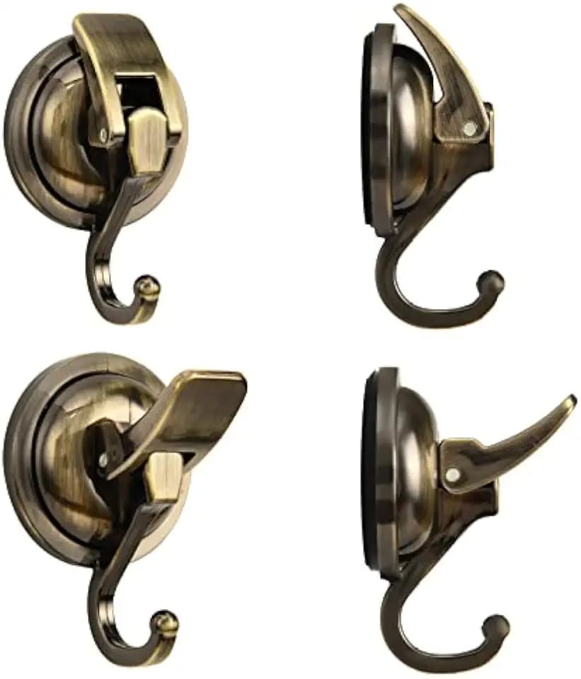 Wreath Cup Hook, Antique Brass-Plated Polished Super Suction Hanger for Glass Window, Kitchen, Bathroom and Restroom, 2 Pack, ABS Plastic with TPU Rubber