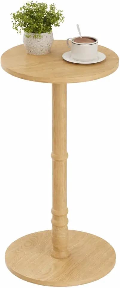 Homleke Round Side Table with Solid Wood Pillar, Small Drink Table