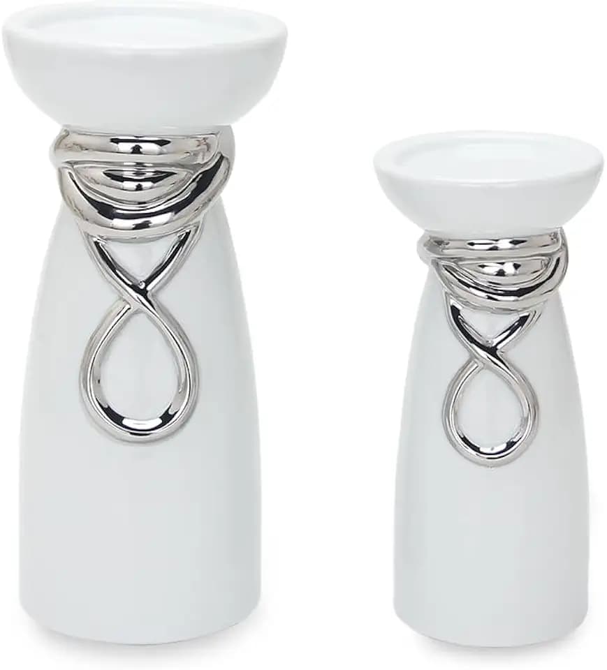 Ceramic Pillar Candle Holders, Set of 2 Candle Sticks Holder for Table Centerpiece, Decorative Silver Candle Stand for Living Room, Wedding, Dining Room, Shelf & Fireplace Decor - 8", 10" H