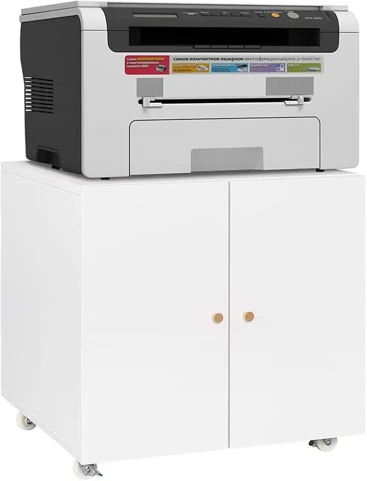 GarveeHome 3D Printer Stand with File Storage Cabinet, Heavy Duty Metal Printer Table on Locking Wheels,White Printer Cabinet for Home Office, Living Room 23.6 x 23.6 x 23.6