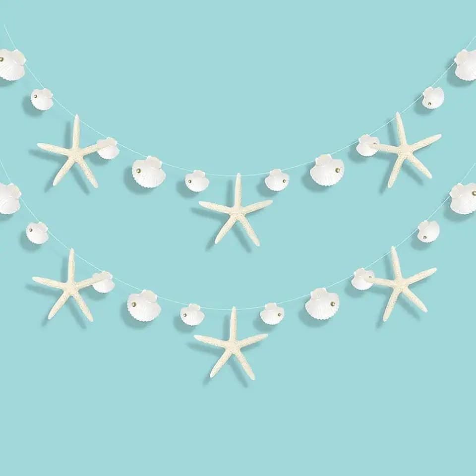 Decor365 White Finger Starfish Sea Shell Garland Under The Sea Party Decorations Mermaid Birthday Decorations Hanging Shark Coastal Nautical Beach Ocean Theme Banner Backdrop Party Decor