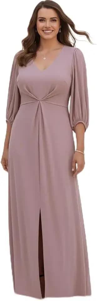 KOH KOH Womens Long Pleated Bishop ¾ Sleeve V-Neck Modest Slit Maxi Dress