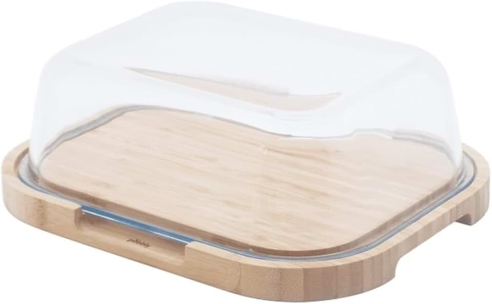 Pebbly – Käsebox mit Glasglocke und Bambustablett – 27 x 21,5 x 9,5 cm – Für 3 bis 4 Käsesorten, klein und kompakt, ideal zum Aufbewahren und Servieren, aus natürlichen Materialien