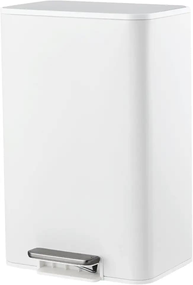 GarveeHome 4 Gallon Trash Can, Rectangular Stainless Steel Waste Bin with Quiet Foot Pedal, Soft-Close Lid & Removable Bucket, Space-Saving Design Garbage Can for Bedroom, Living Room, White