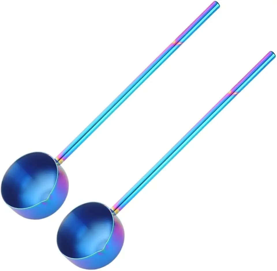 Stainless Steel Hot Oil Ladle, 2pcs Solid Oil Spoon with 10.5 inch Long Handle Pour Spout, 70ml Capacity for Kitchen Cooking Serving Soups and Drizzle Sauces Dishwasher Safe (Rainbow Color)