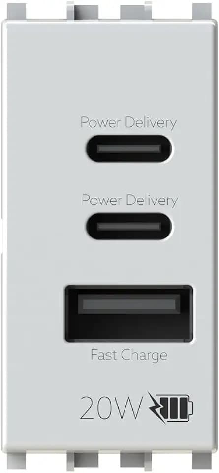 4box - Vimar® Plana™ kompatibles 20 W CCA USB-Netzteil zum Laden Ihrer Geräte ohne Netzteil. 3 Anschlüsse: zwei Typ-C und ein Typ A. Weiß