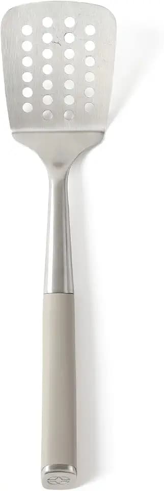 Calphalon Slotted Turner, Kitchen Flipping Spatula, Slotted Spatula, Stainless Steel Turner with Silicone Heat Resistance Handle, Nonstick-Safe Spatula for Draining and Flipping (Taupe)